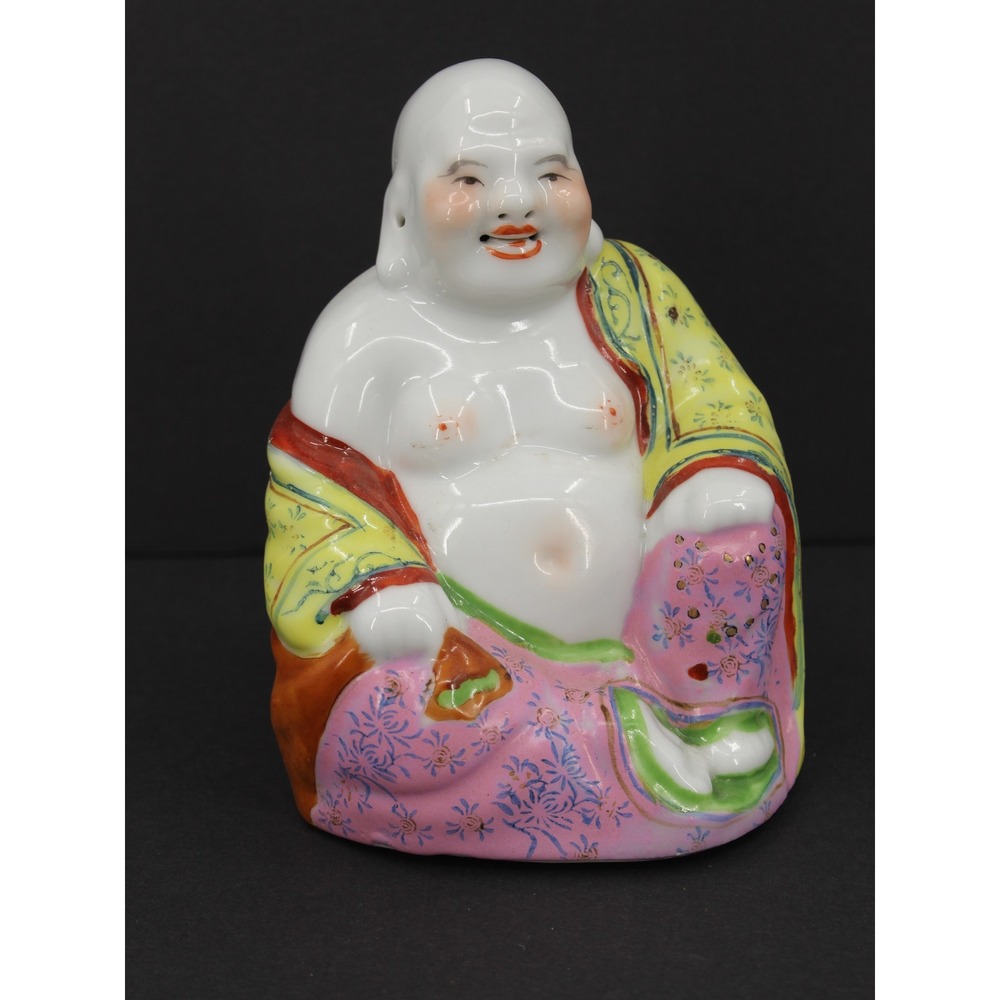 Vintage Chinese Porcelain Laughing Buddha Figurine Hand Painted Famille Rose 6"
